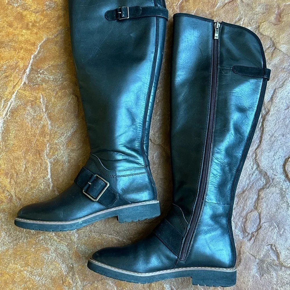 Franco Sarto Black Leather Knee-High Riding Boots with Buckle Sz 5